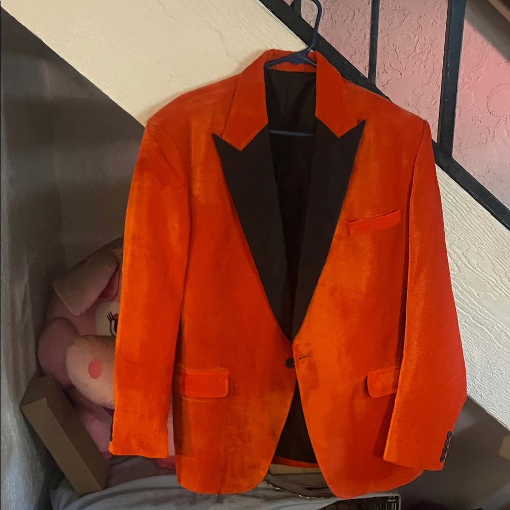 Vibrant Orange Blazer with Black Lapel